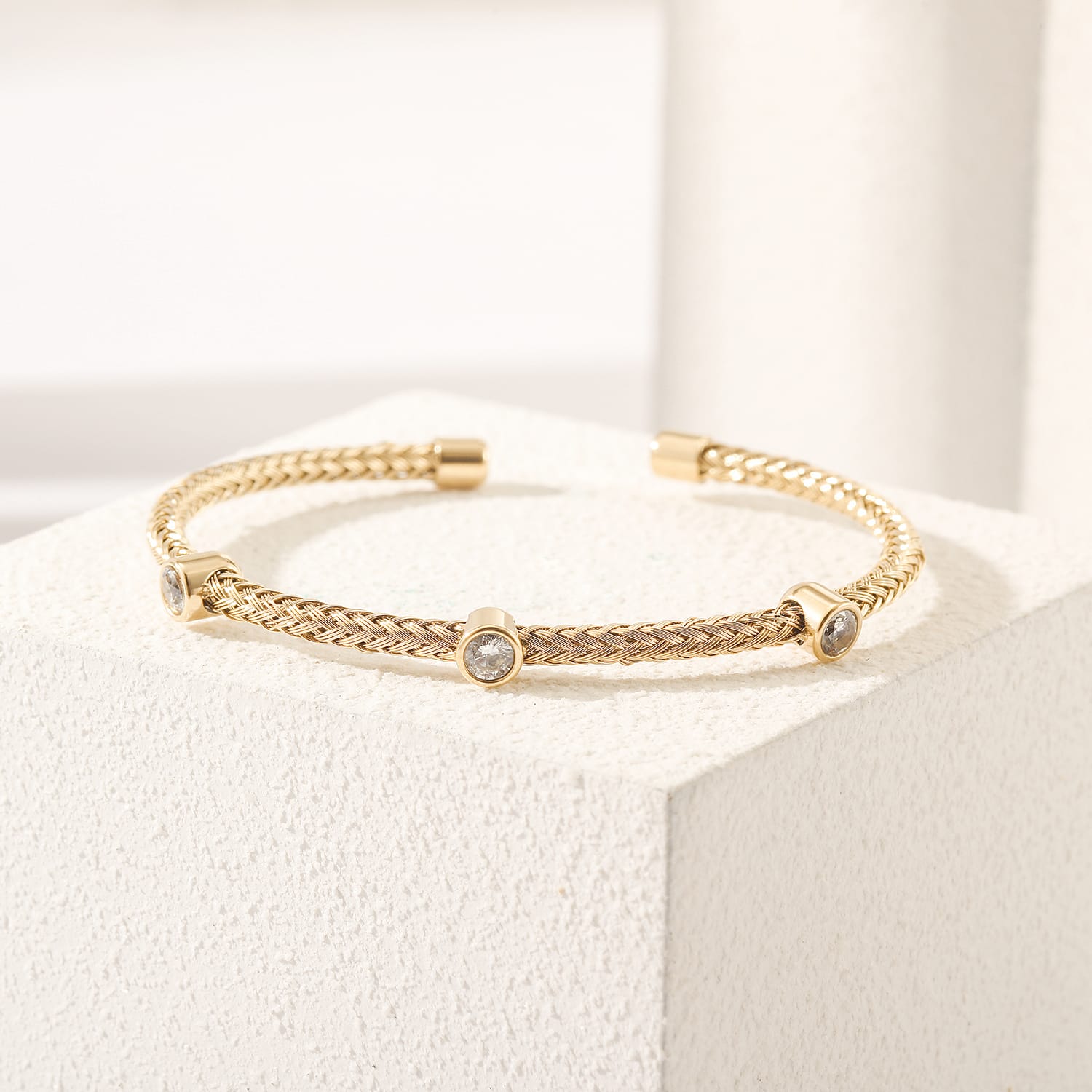 Gold stainless steel woven cz flex bracelet