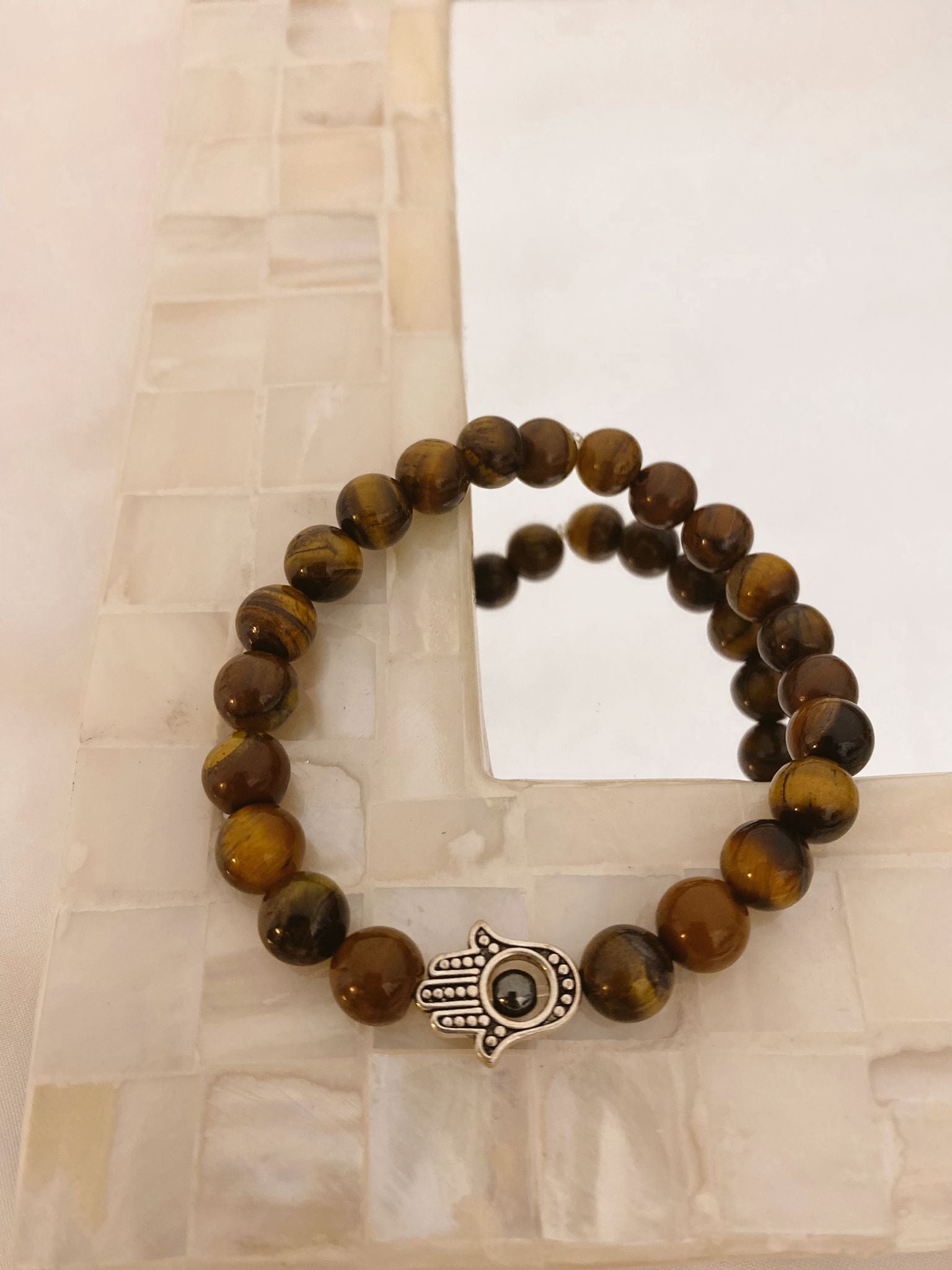 Brown Tiger Eye Bracelet for men with Hamsa Hand