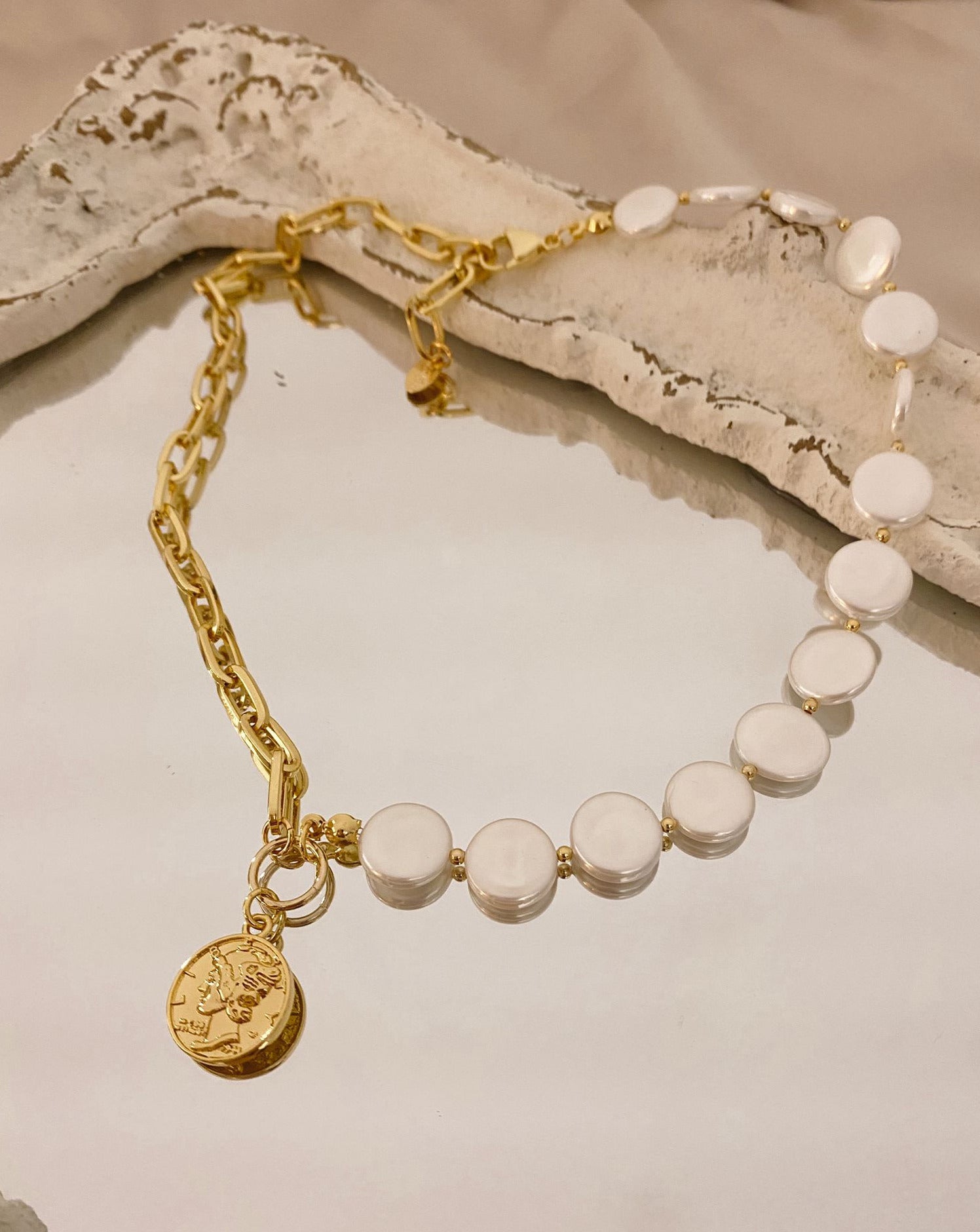 Gold Link Necklace with Half Pearls and Antique Medallion