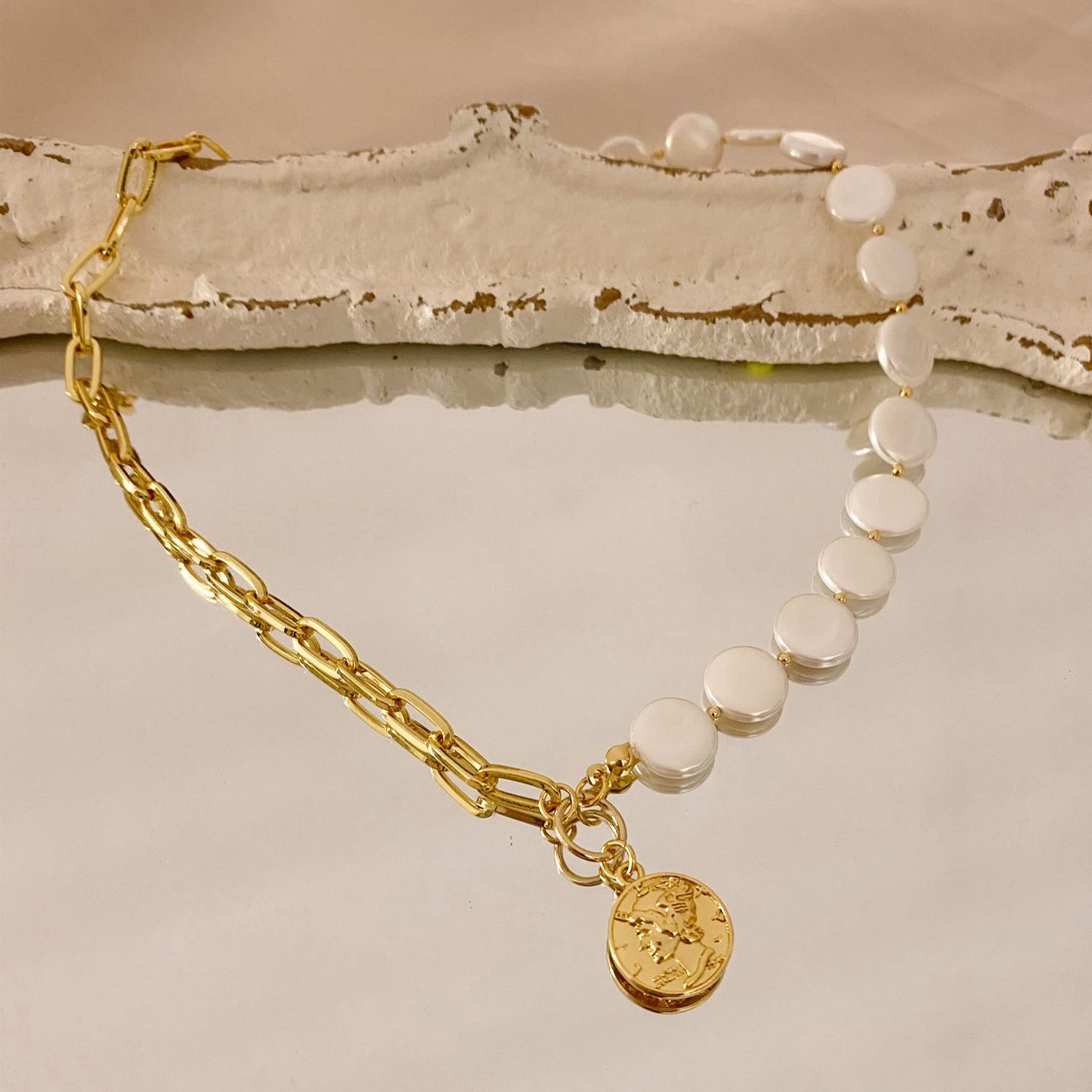 Gold Link Necklace with Half Pearls and Antique Medallion