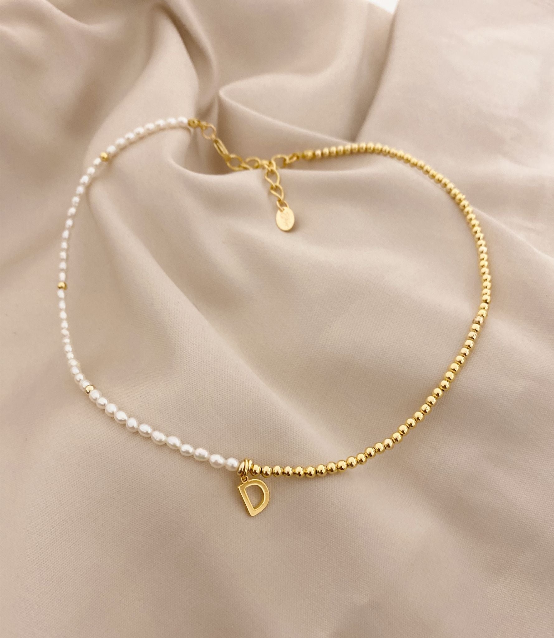 Half Pearl and Gold Necklace with Initial