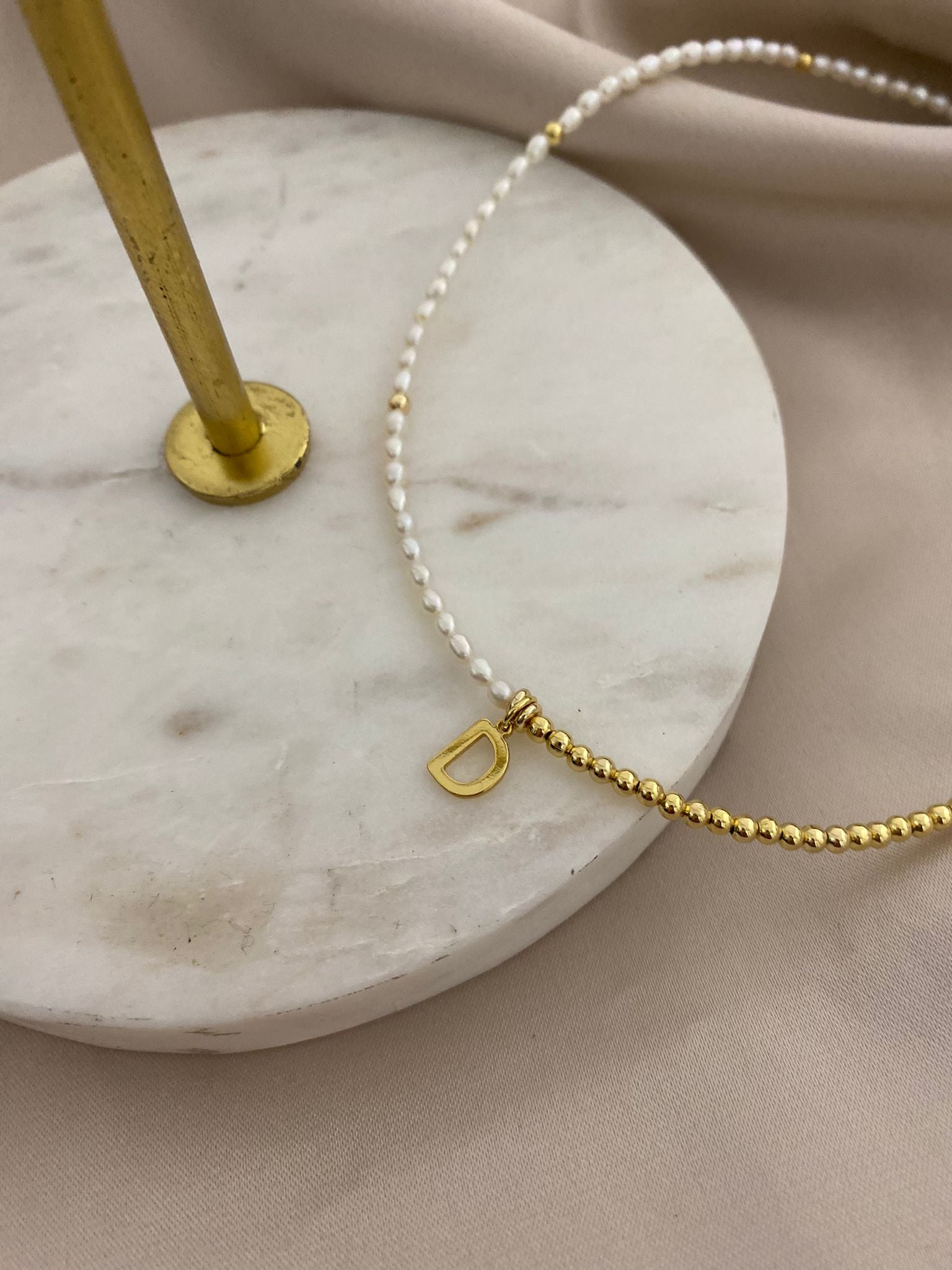 Half Pearl and Gold Necklace with Initial
