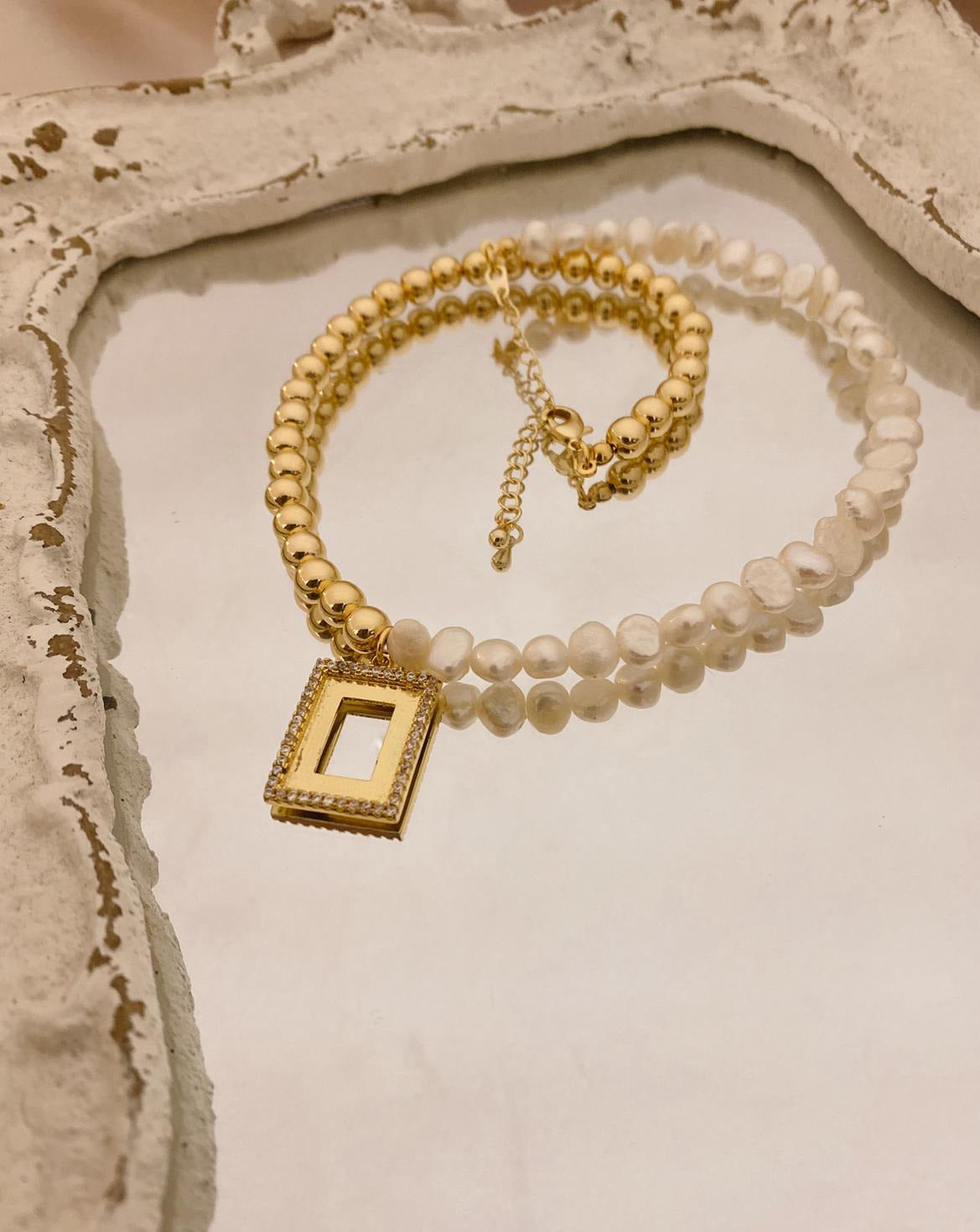 Gold Filled Necklace with Half Pearl and Square Diamond Charm