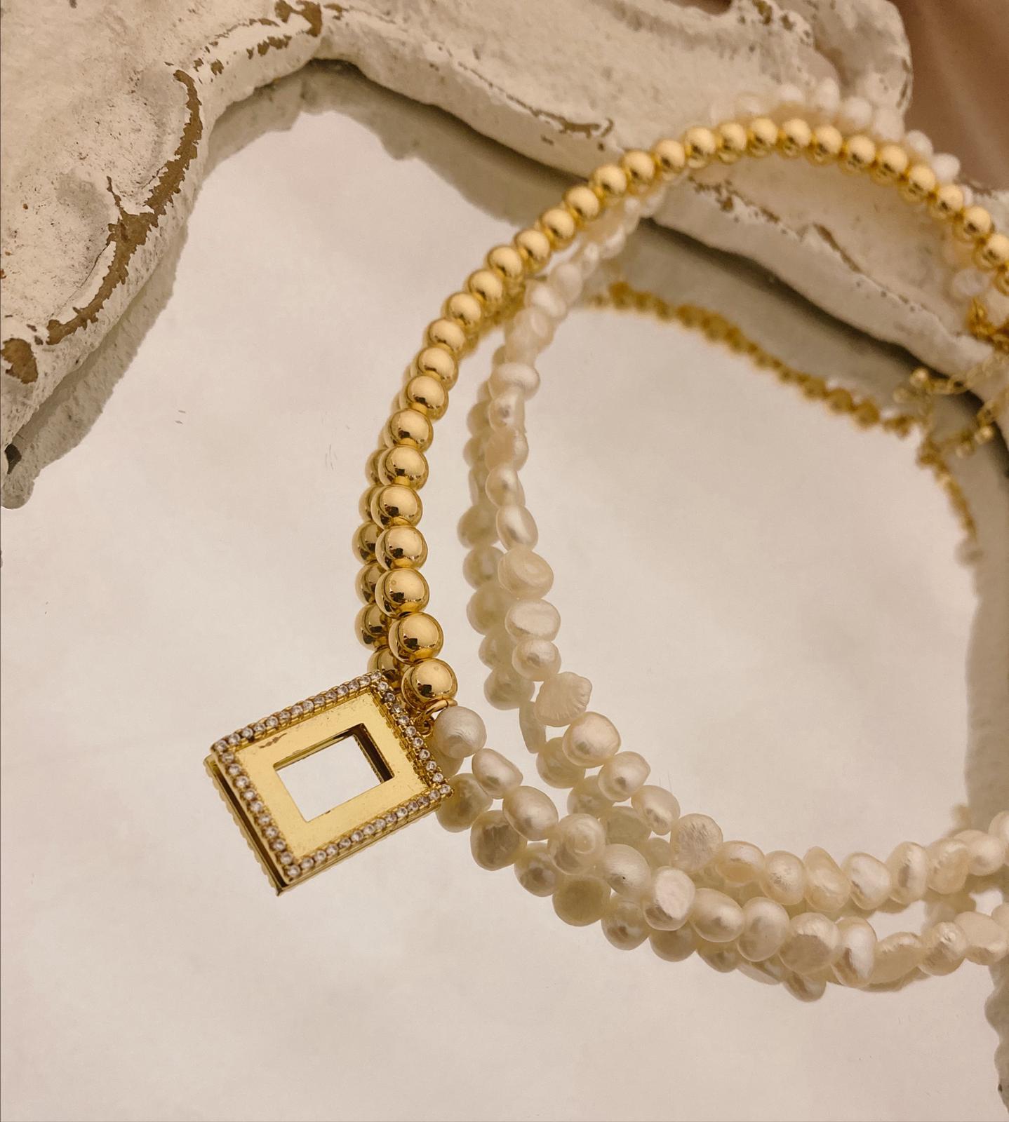 Gold Filled Necklace with Half Pearl and Square Diamond Charm