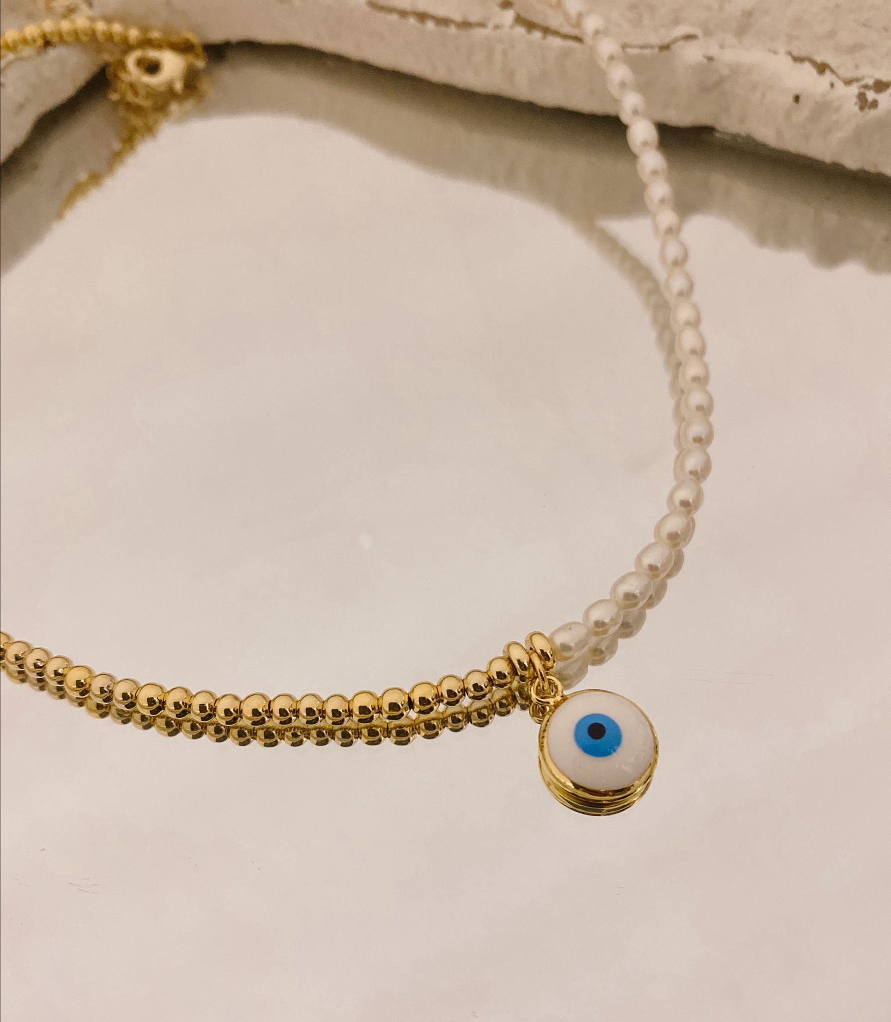 Gold Filled Necklace with Half Pearl and Evil Eye Charm