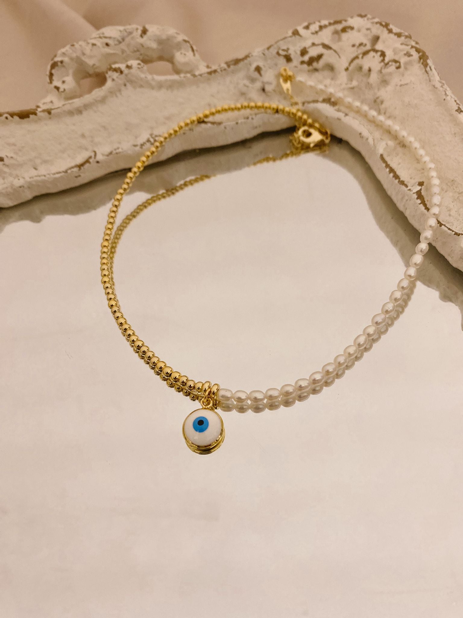 Gold Filled Necklace with Half Pearl and Evil Eye Charm