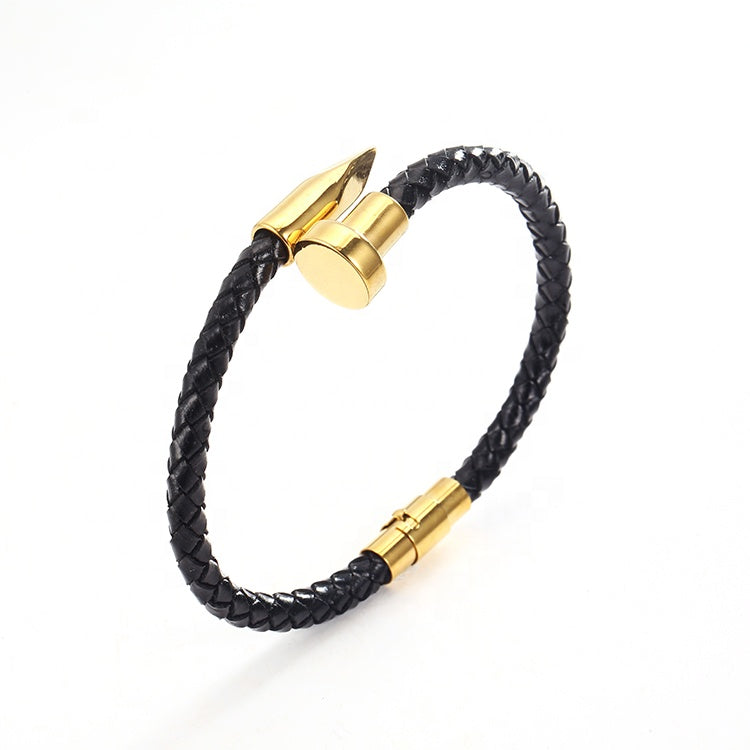 Gold Stainlees steel nail braided leather mens bracelet