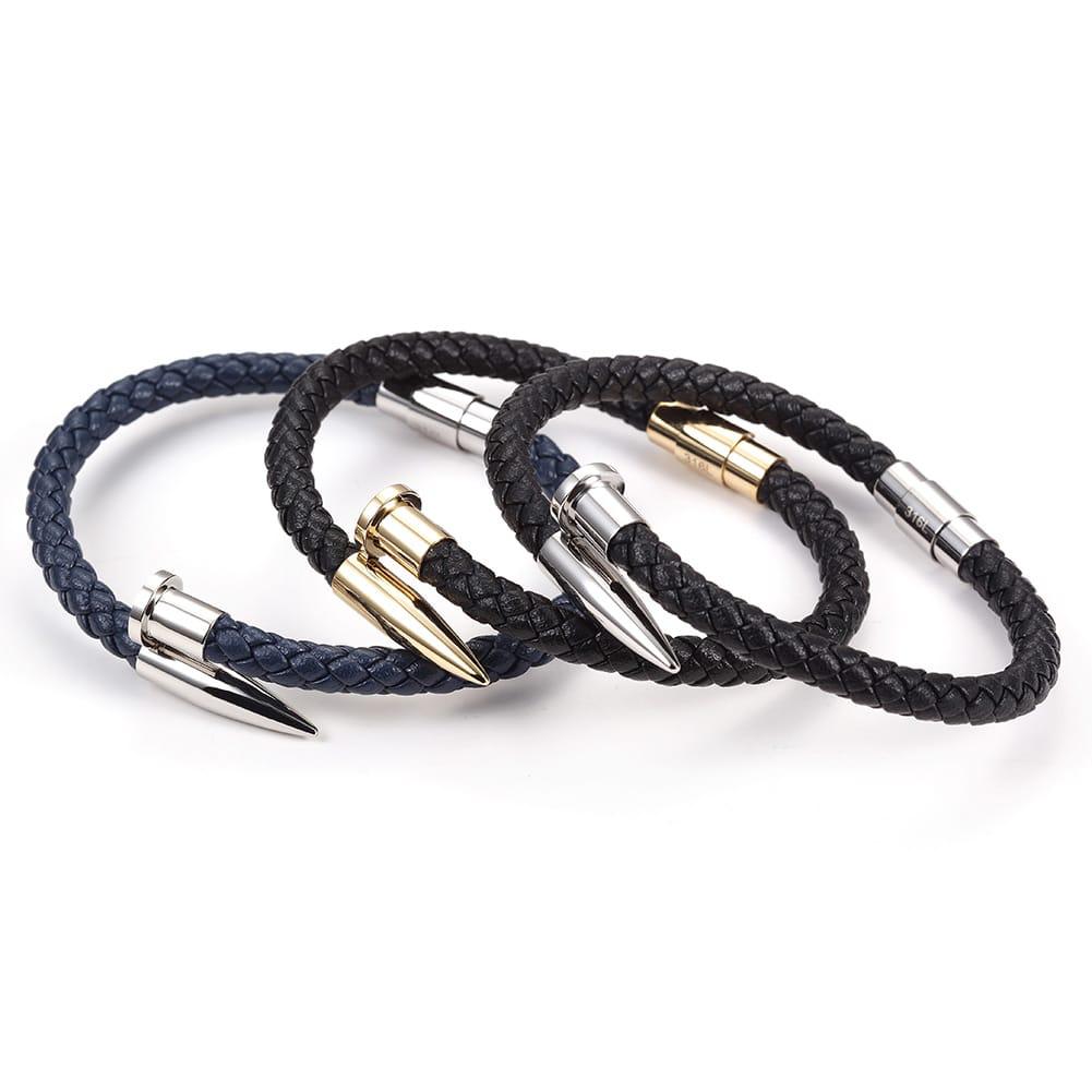 Gold Stainlees steel nail braided leather mens bracelet