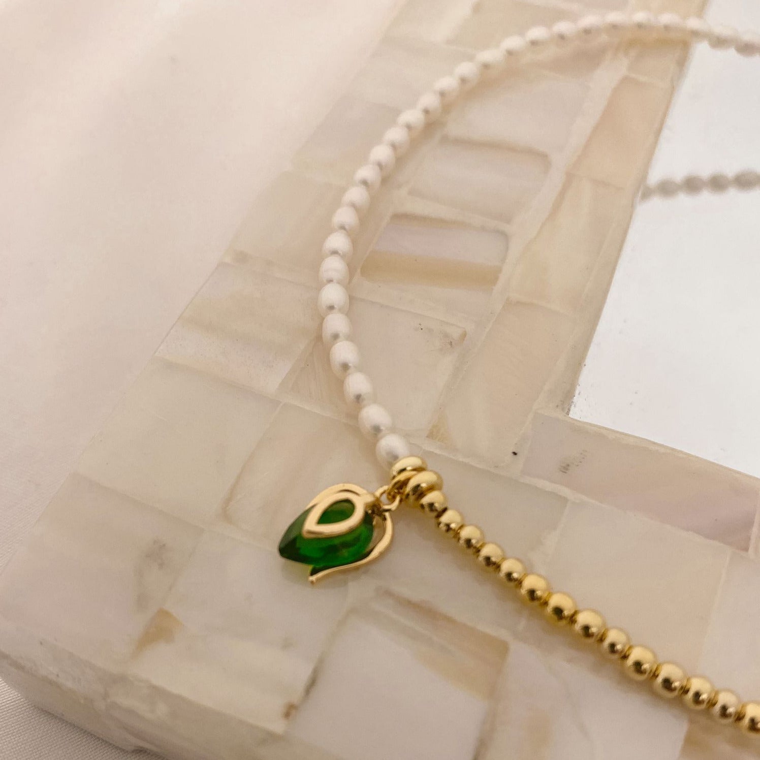 Half Pearl and Gold Necklace with Leaf Charm