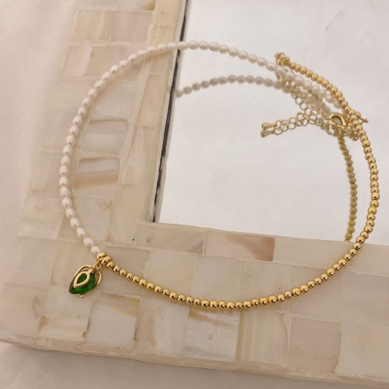 Half Pearl and Gold Necklace with Leaf Charm