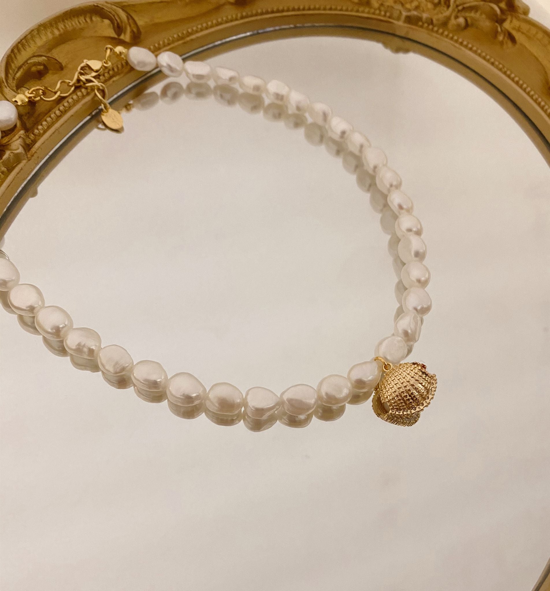 Natural Pearl Necklace with Clam Charm