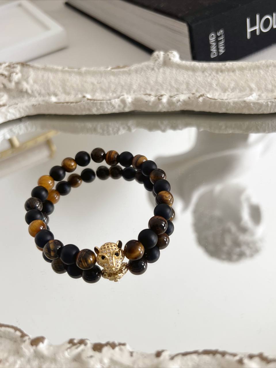 matte tiger eye onyx men's bracelet with leopard charm