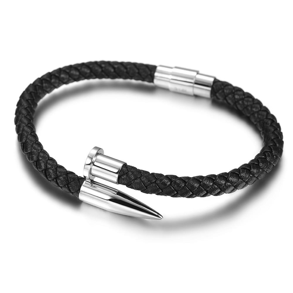 Silver Stainlees steel nail braided leather mens bracelet