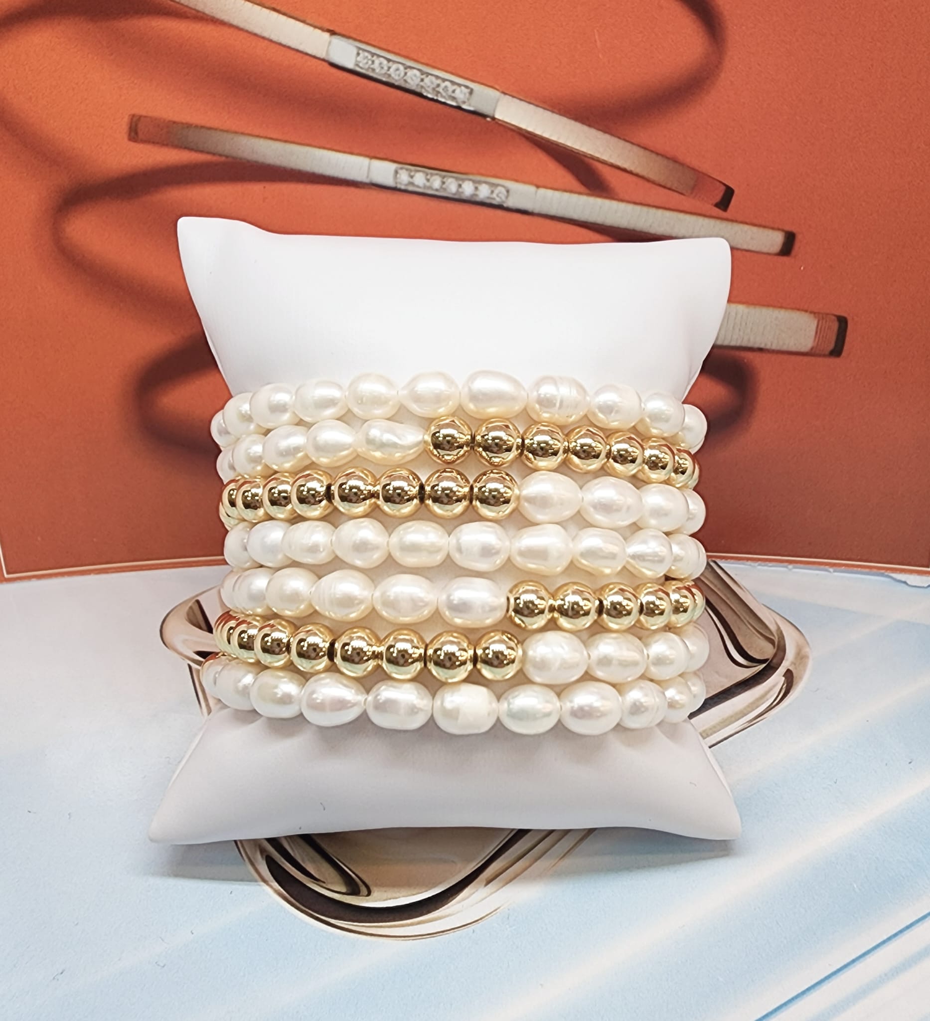 Stainless Steel Gold and Silver Half Pearl Bracelet